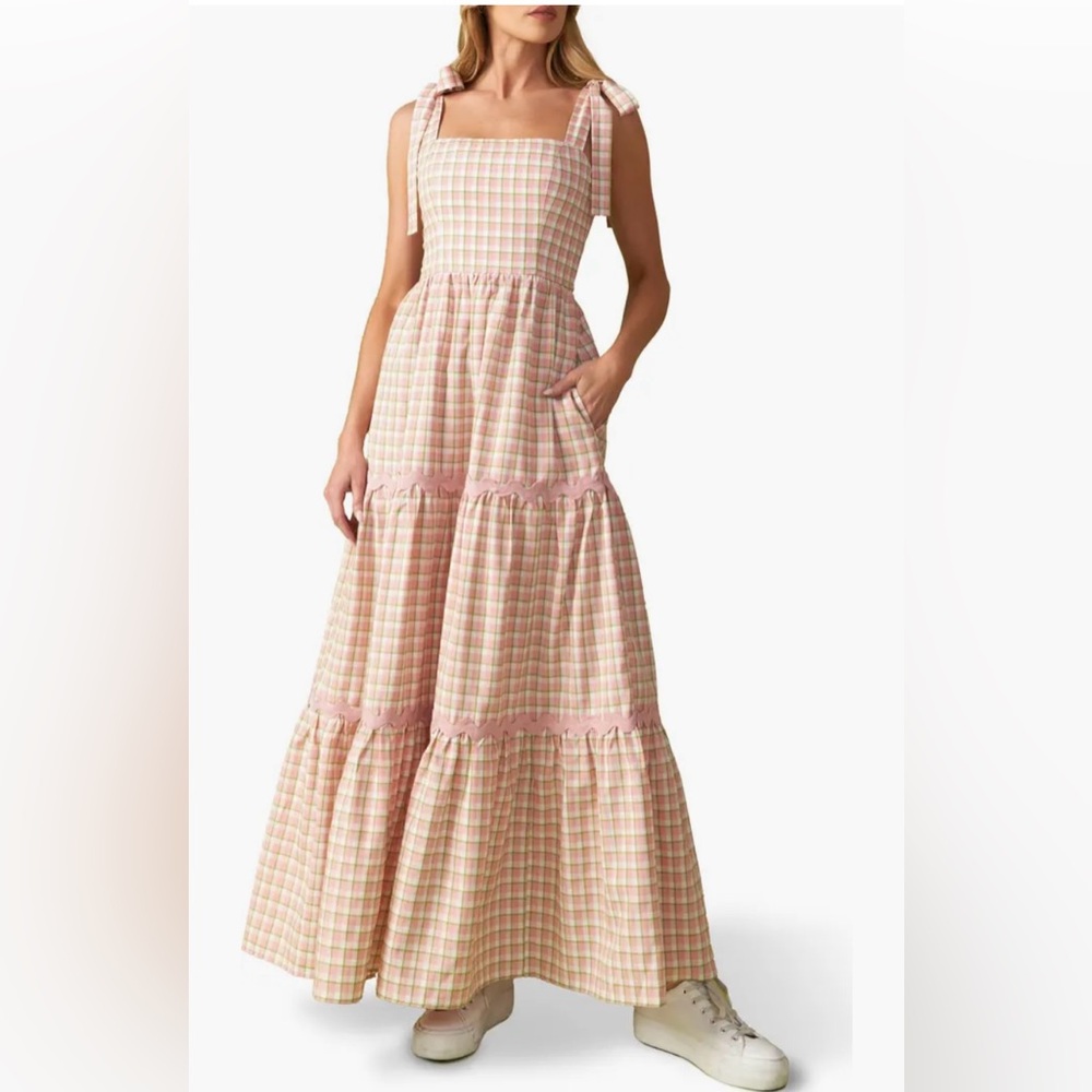 Flying Tomato Pink and Cream Gingham Maxi Dress with Tie Straps